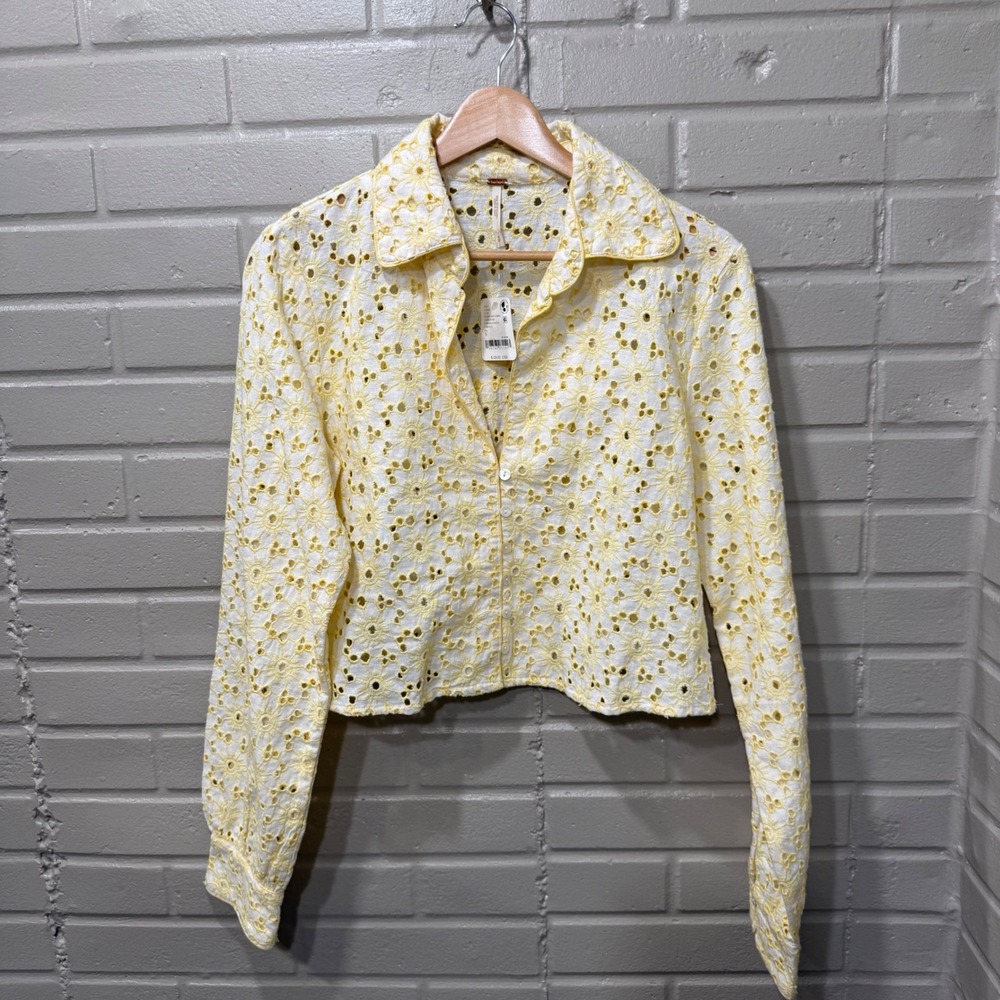 Free People Dream A Little Dream Yellow Sunflower Eyelet Lace Crop Shirt NWT S - Picture 5 of 14